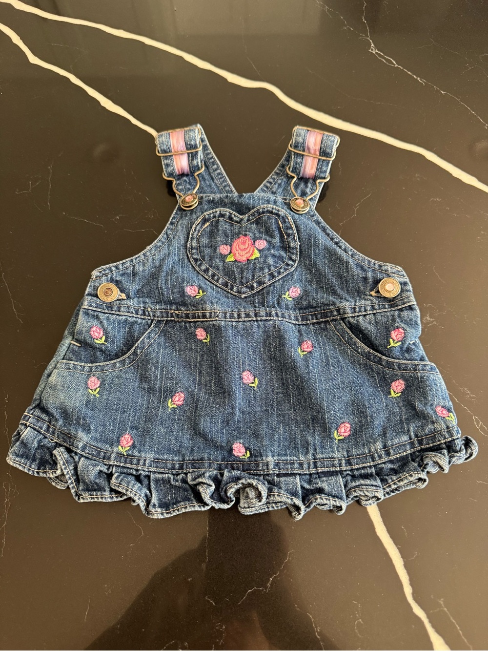 Y2K Arizona Jean Company Denim Overalls Dress with Pink Rose Embroidery
